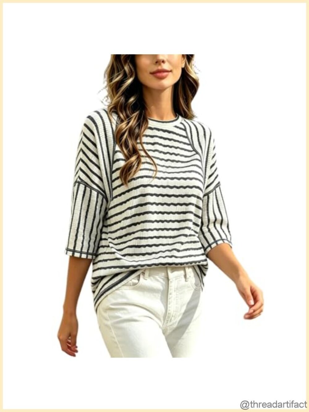 Oversized Striped 3/4 Sleeve Crew Neck T-Shirt Loose Drop Shoulder Summer Top
